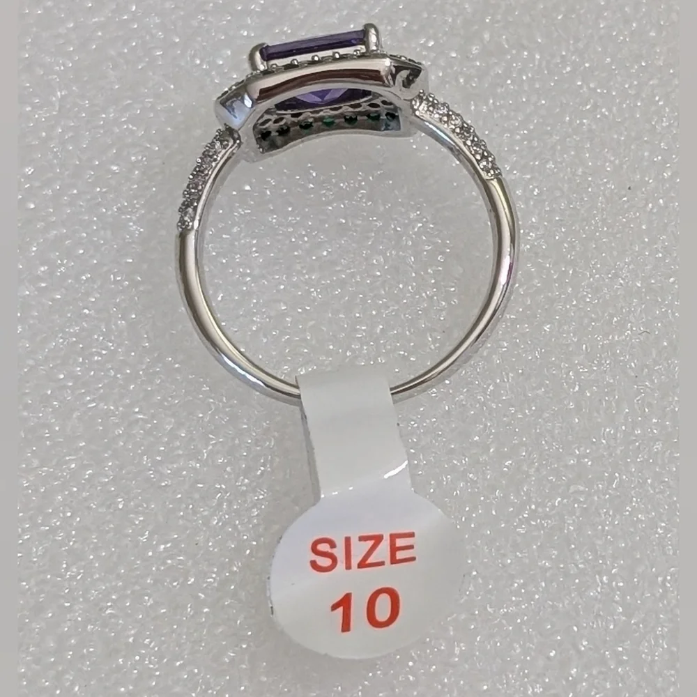 NWT Bomb Party LC Amethyst Emerald Sapphire Silver Plated Halo Style Sz 10 Ring